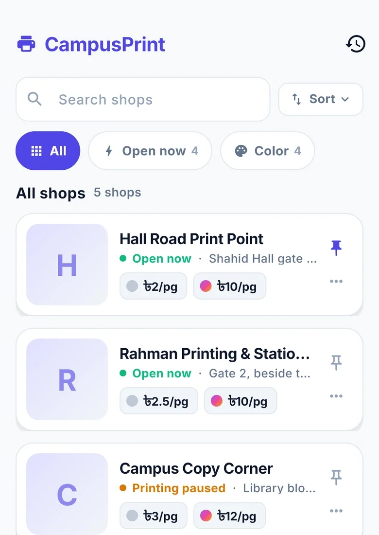 Campus Print: nearby shops with live prices and whether they are open