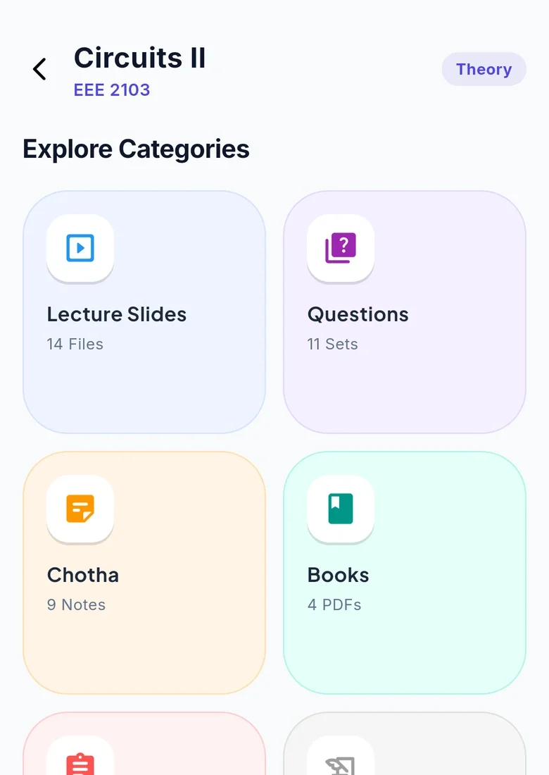 Course files for one course, sorted into slides, questions, notes, books, assignments and past papers
