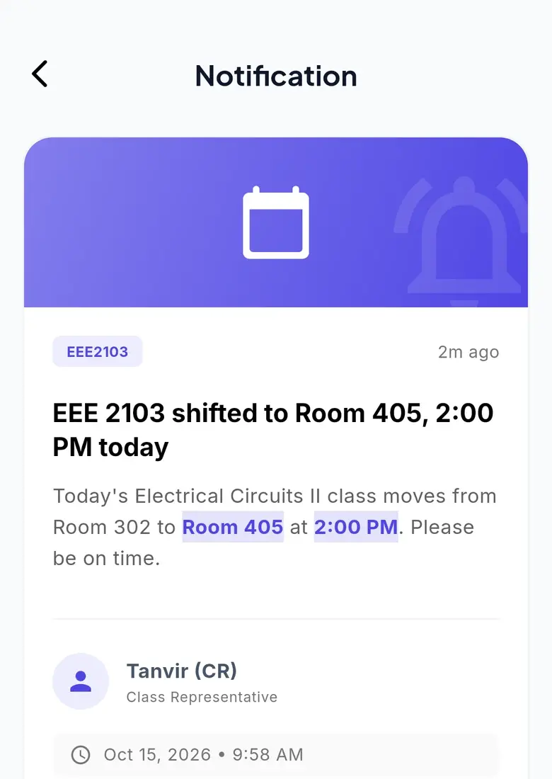 A CR notice: EEE 2103 moved to Room 405 at 2:00 PM