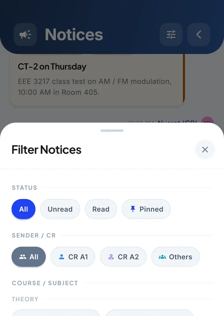 Filtering notices by status, by CR and by course