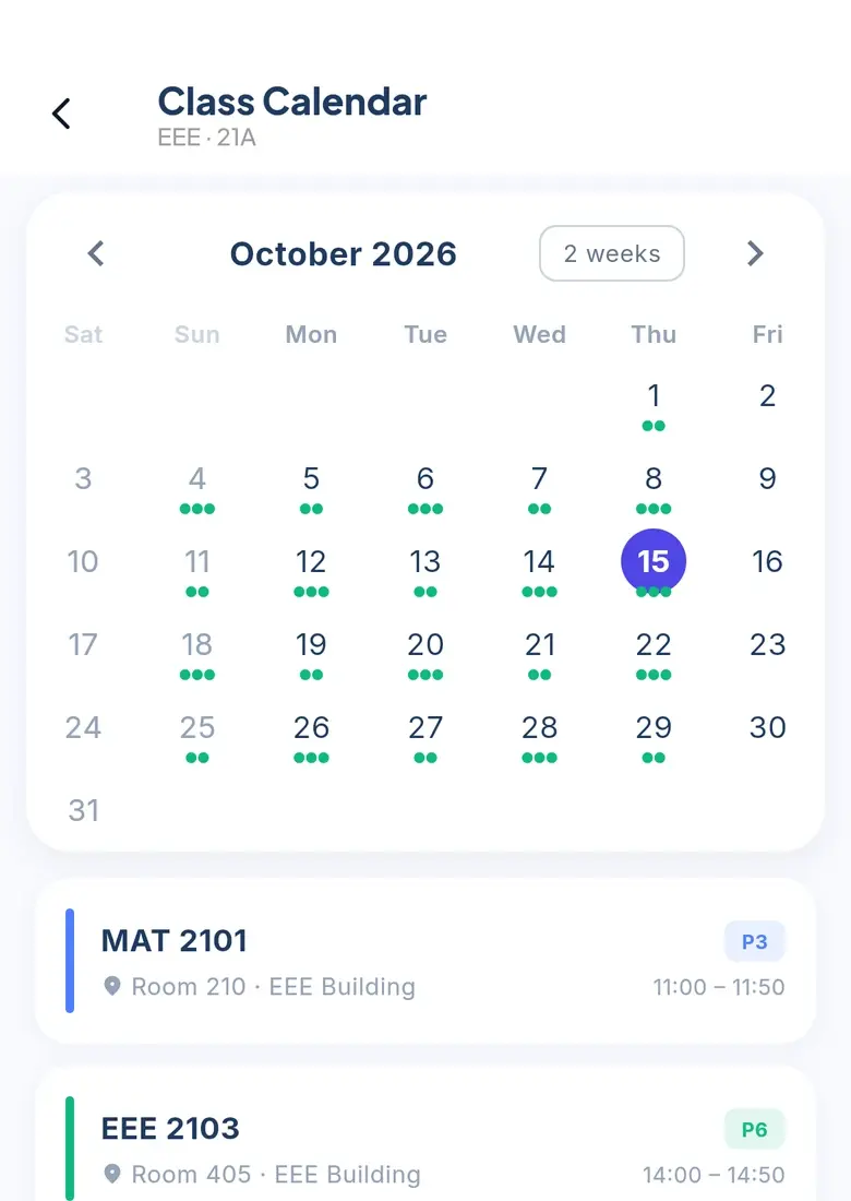 The class routine: a month calendar and the day’s classes with rooms