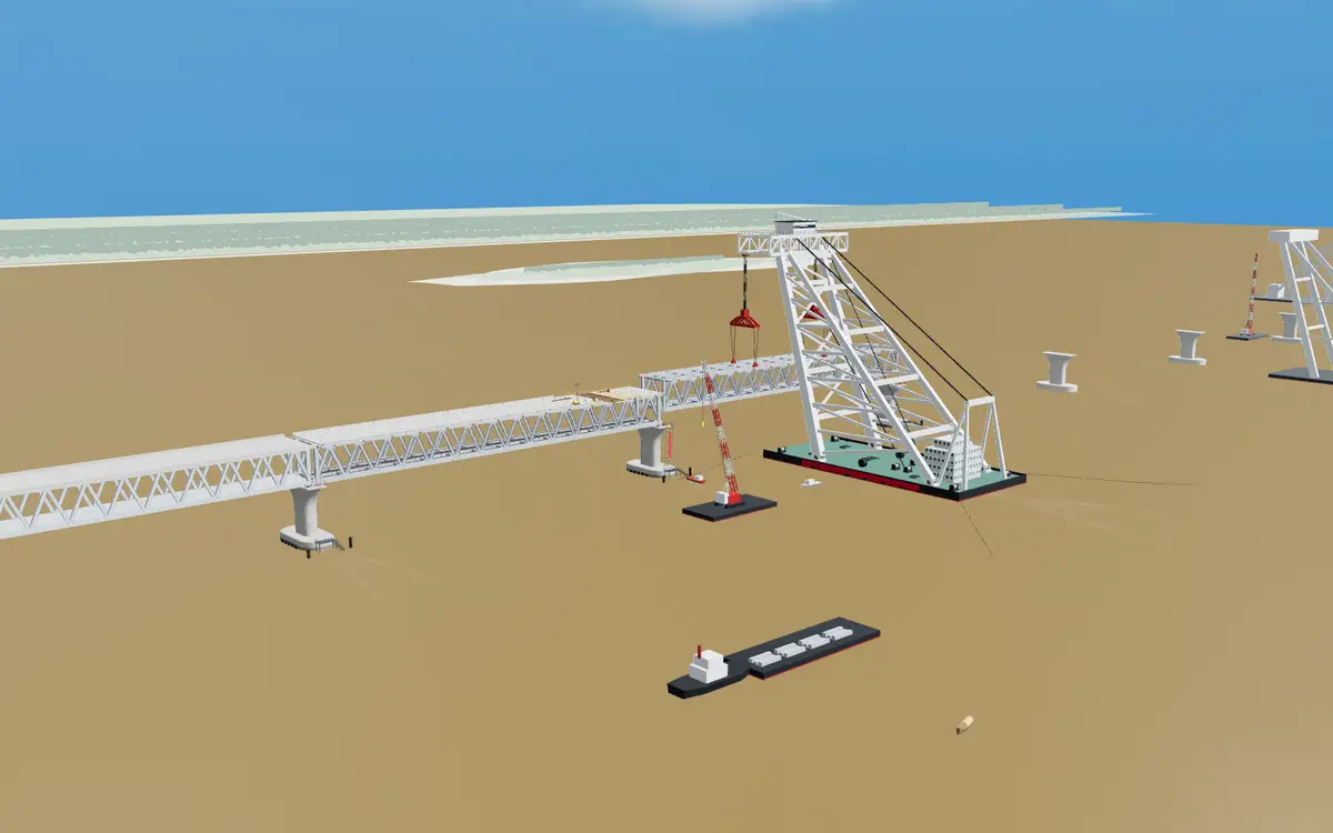 3D river bridge under construction with a floating crane