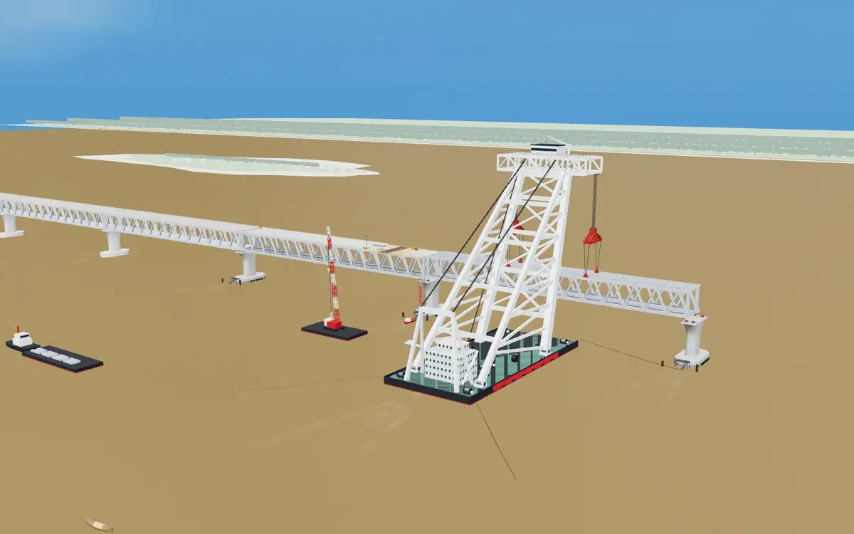 3D floating sheerleg crane beside a truss bridge