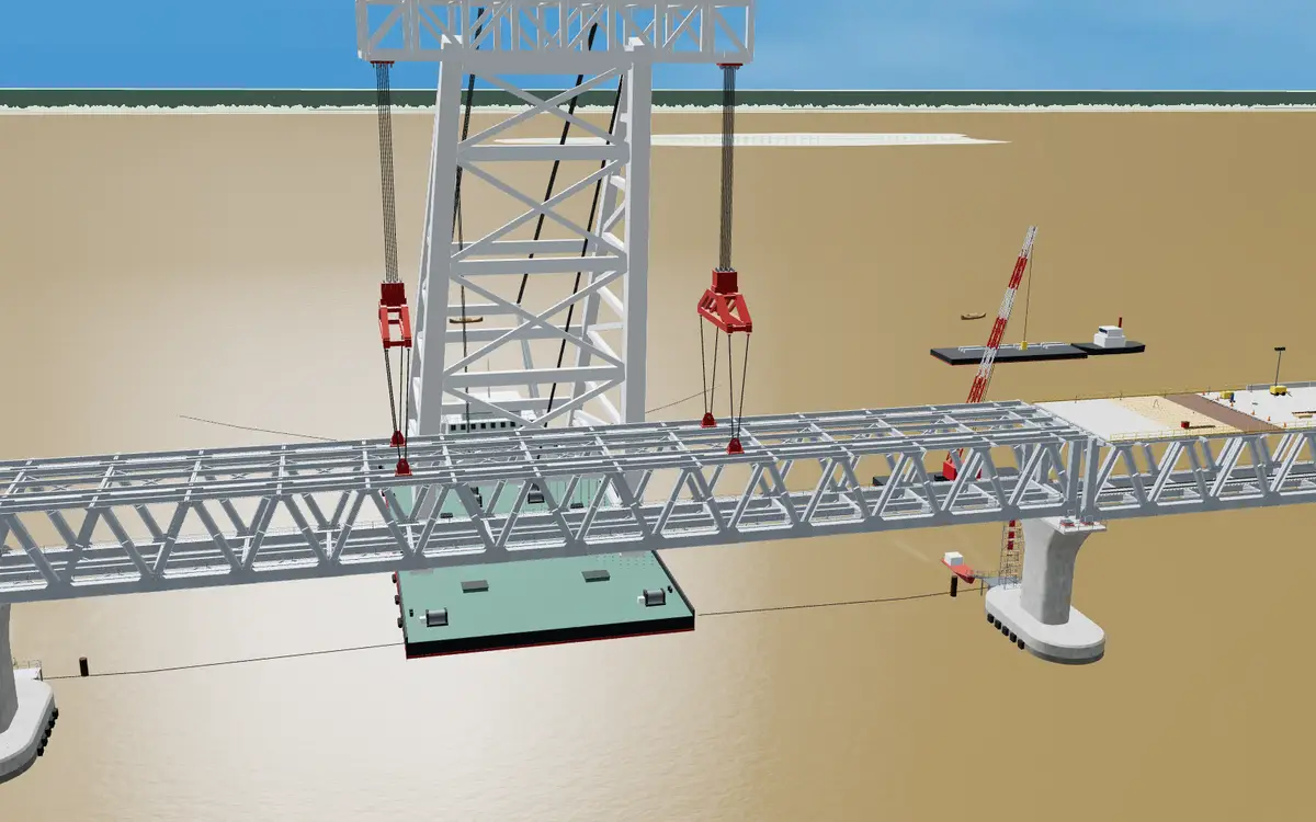 3D floating crane lowering a steel truss span onto its piers