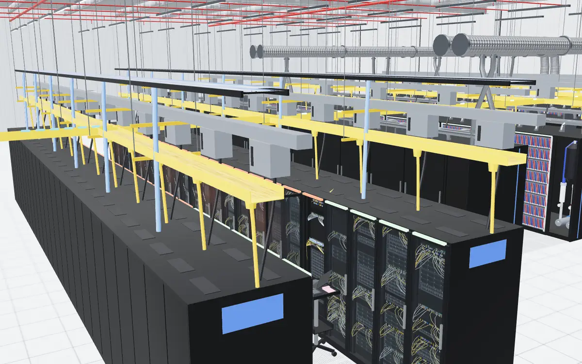 3D aisle of server racks under yellow fibre trays