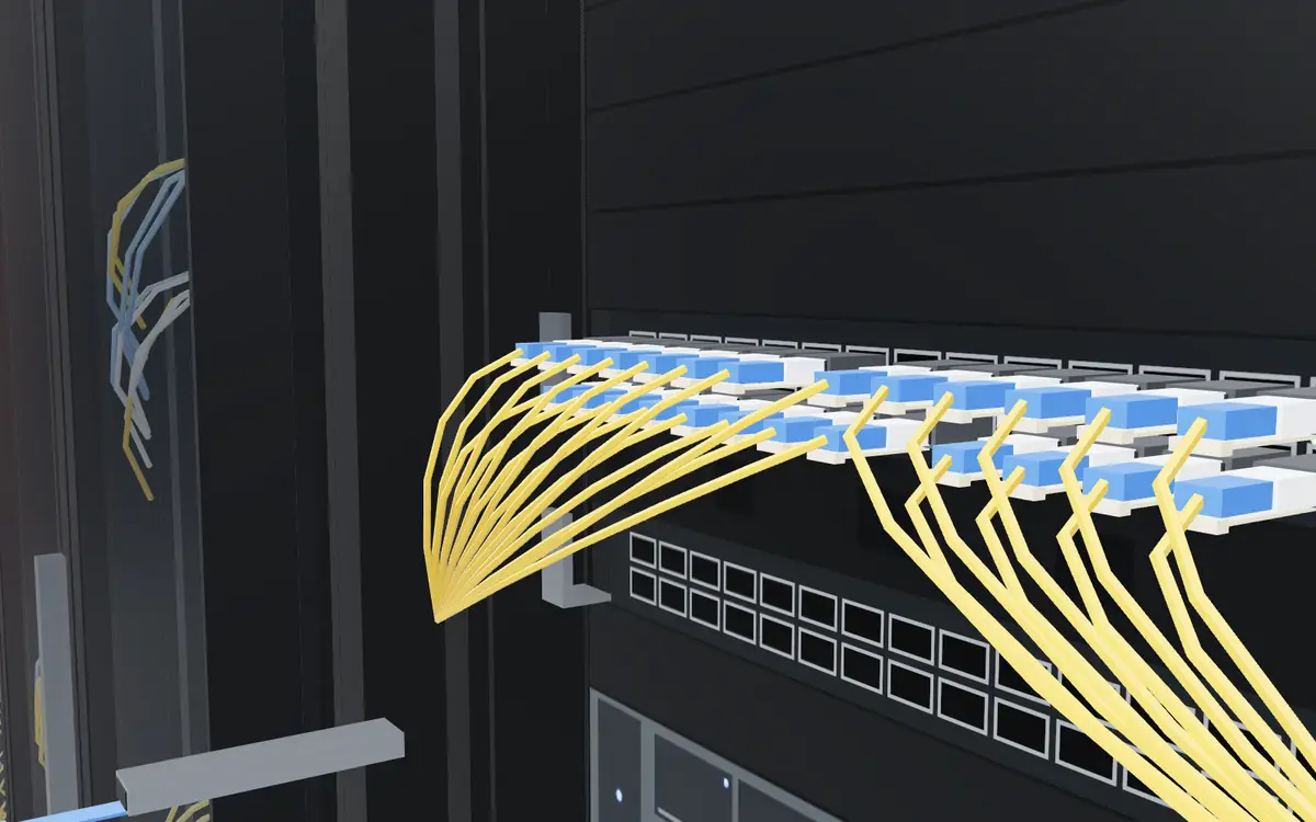 3D close-up of a network switch with yellow fibre cables