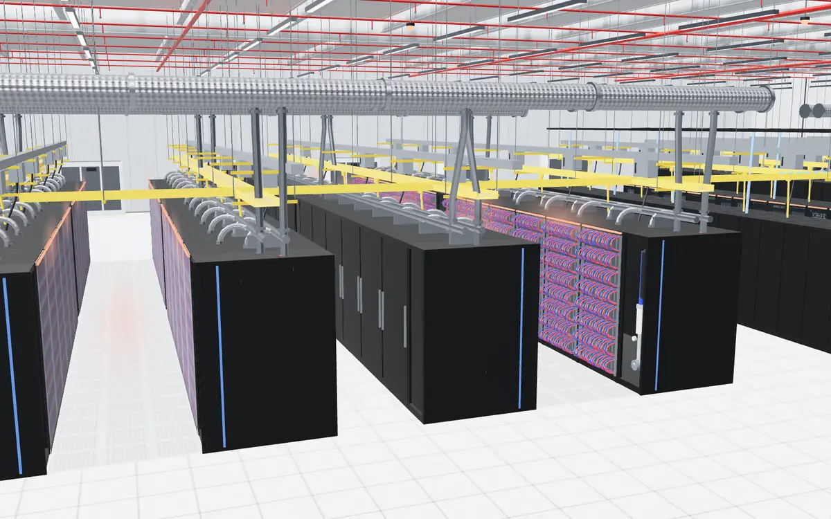 3D data hall with rows of server cabinets