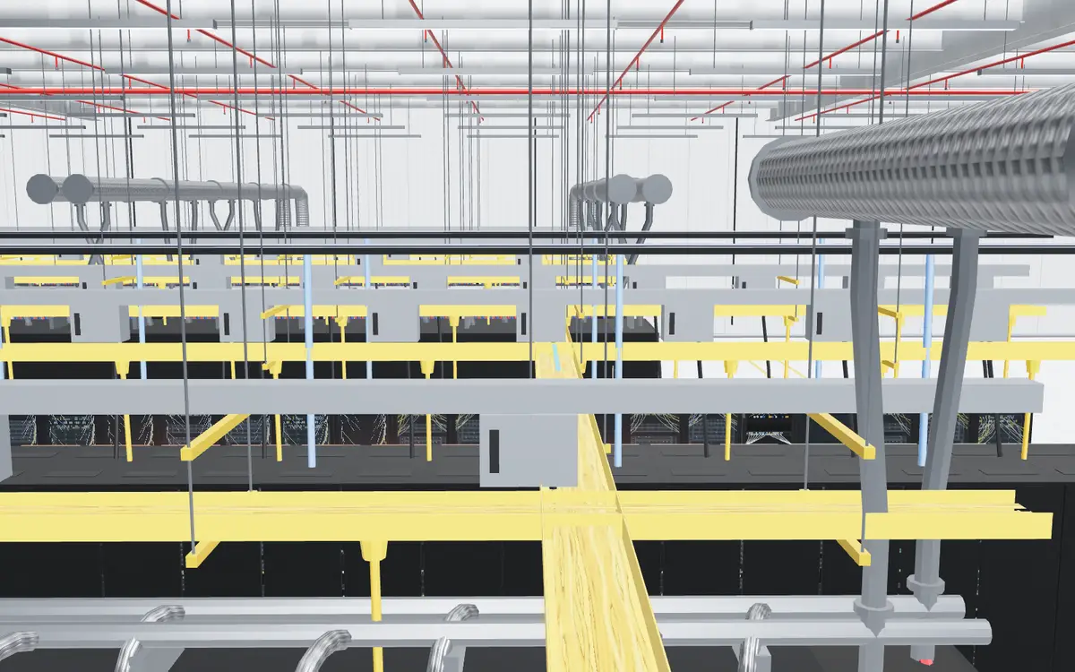 3D data hall ceiling with yellow fibre trays above the server rows