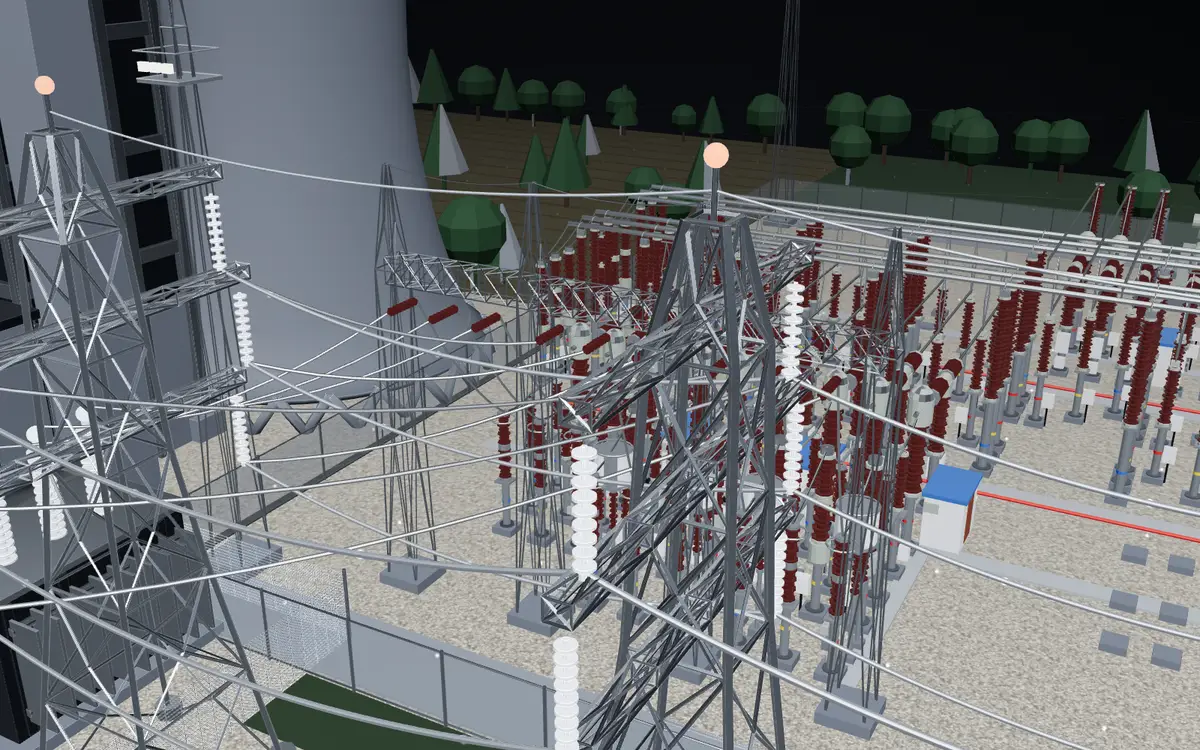 3D lattice towers carrying high-voltage lines out of a switchyard