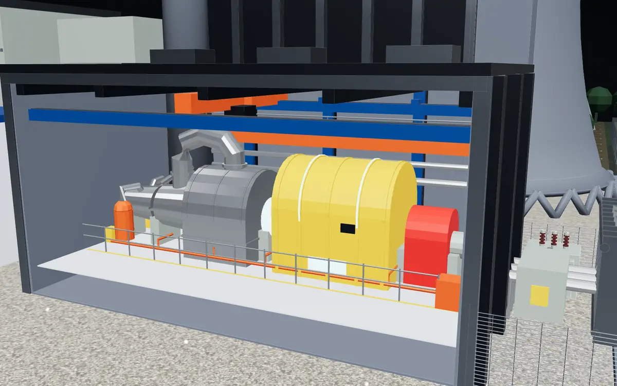 3D turbine hall: steam turbines and a yellow generator on one shaft