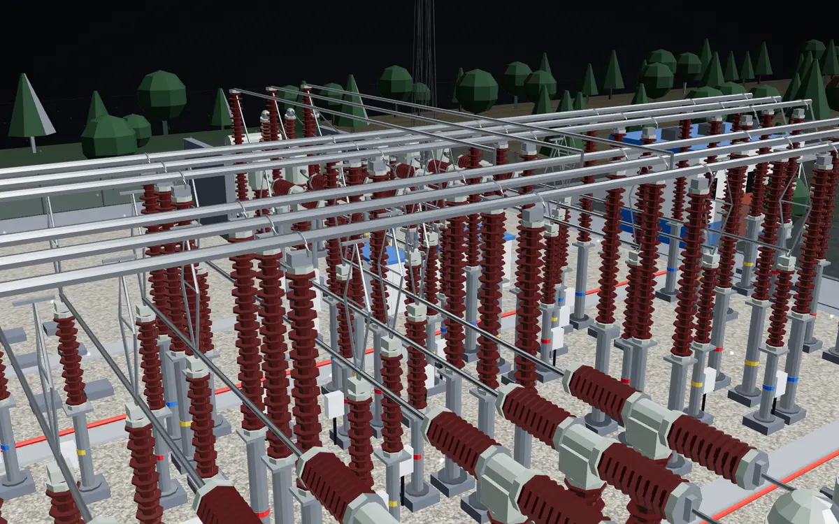 A 3D model of a 400 kV switchyard: rows of insulators, breakers and busbars