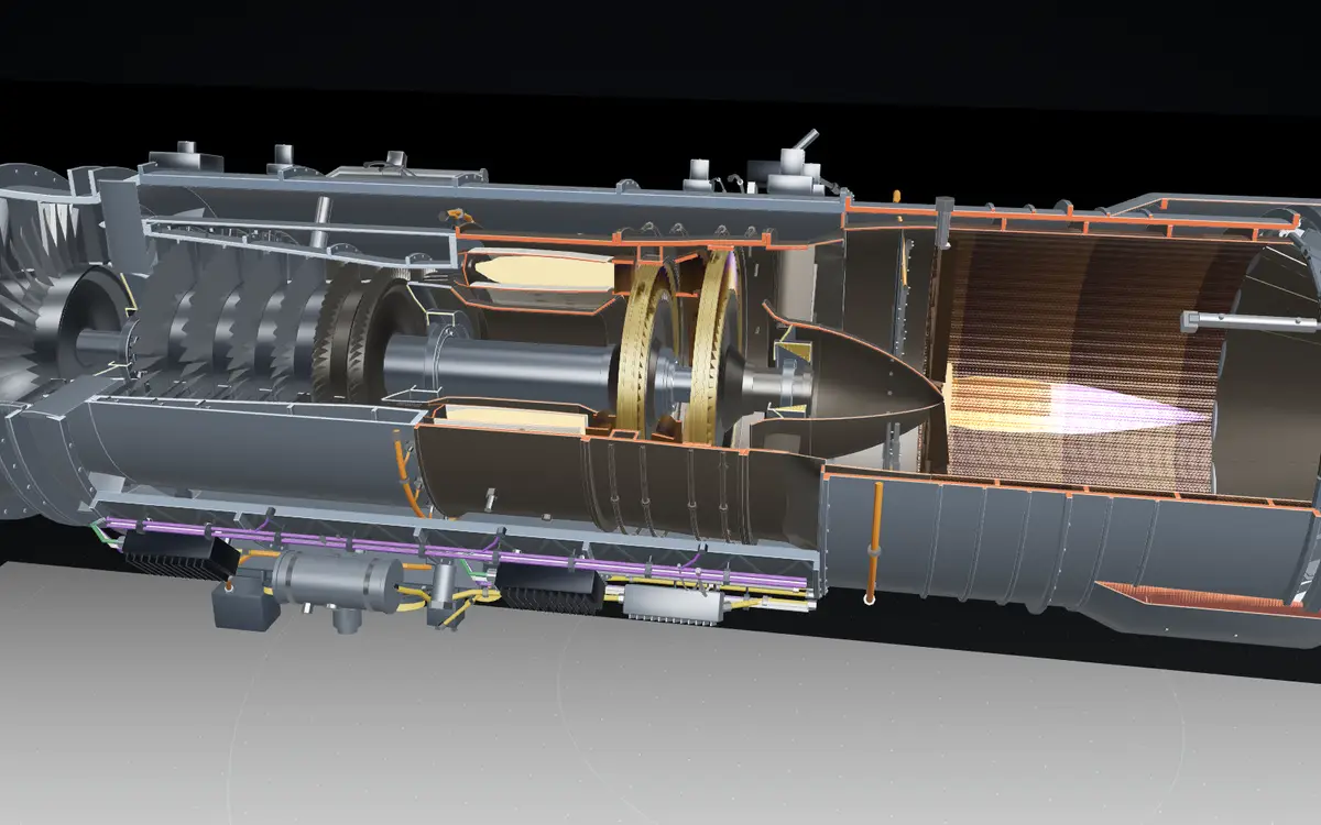 A 3D cutaway of an afterburning jet engine showing the fan, compressor, turbines and the flame