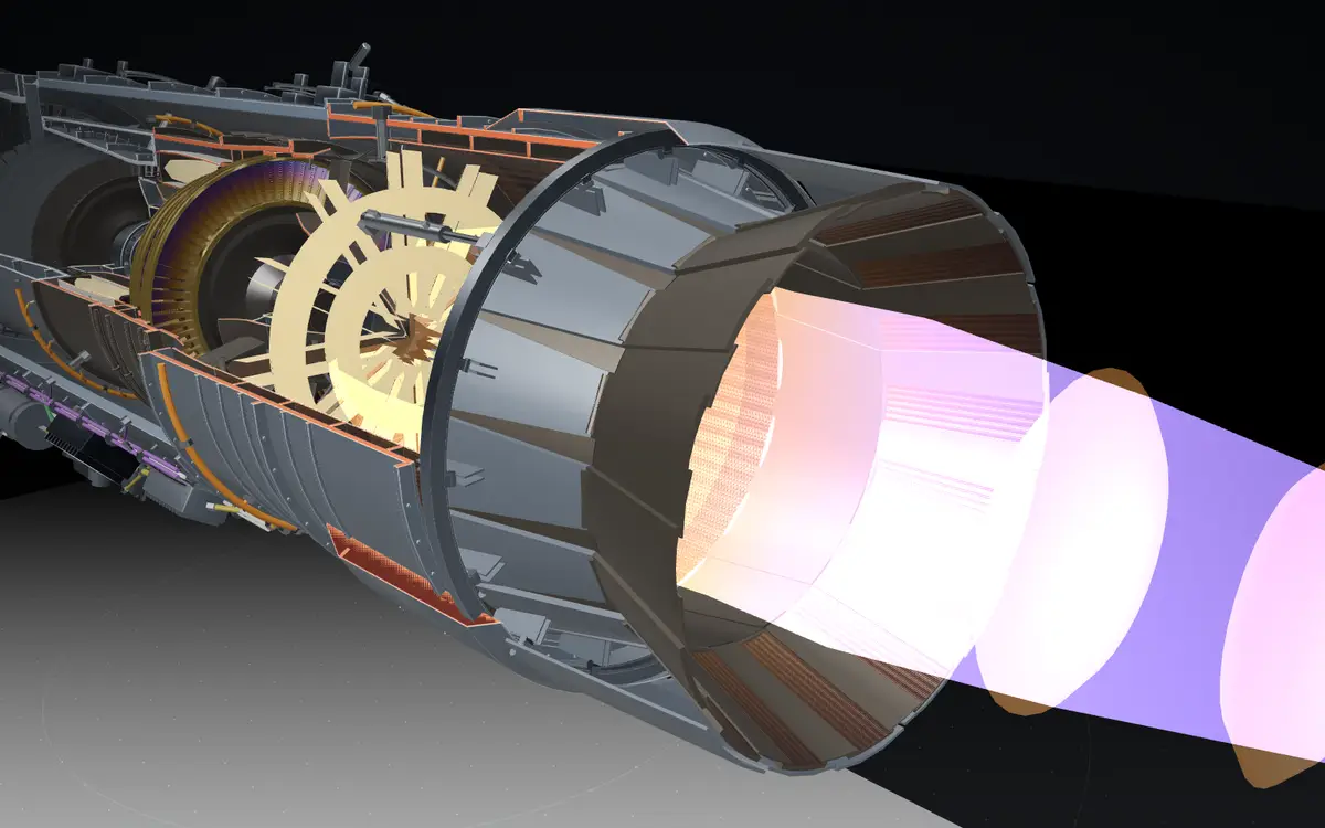 3D view into the jet engine nozzle with the afterburner flame
