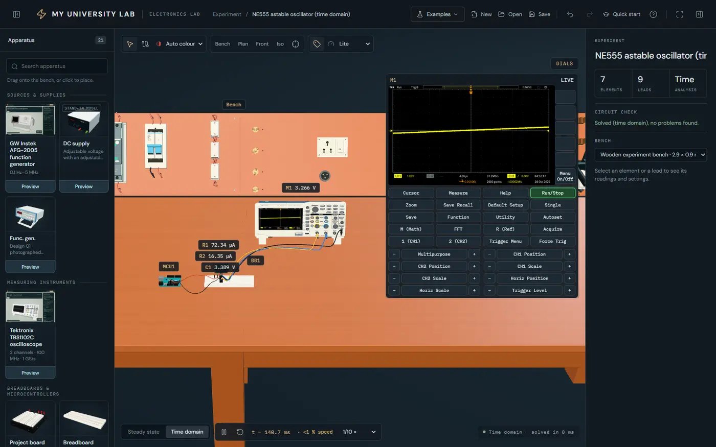 The Electronics Lab: a 555 timer circuit on a breadboard connected to an oscilloscope, whose screen and full control panel are open beside the bench